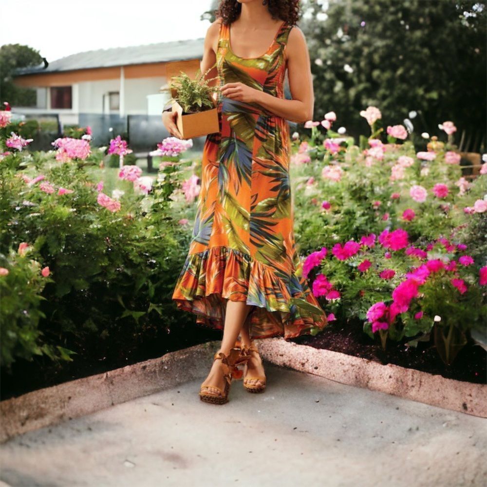 SOFT SURROUNDINGS Fabiana Floral Ruffle High Low Hem Maxi Dress M
